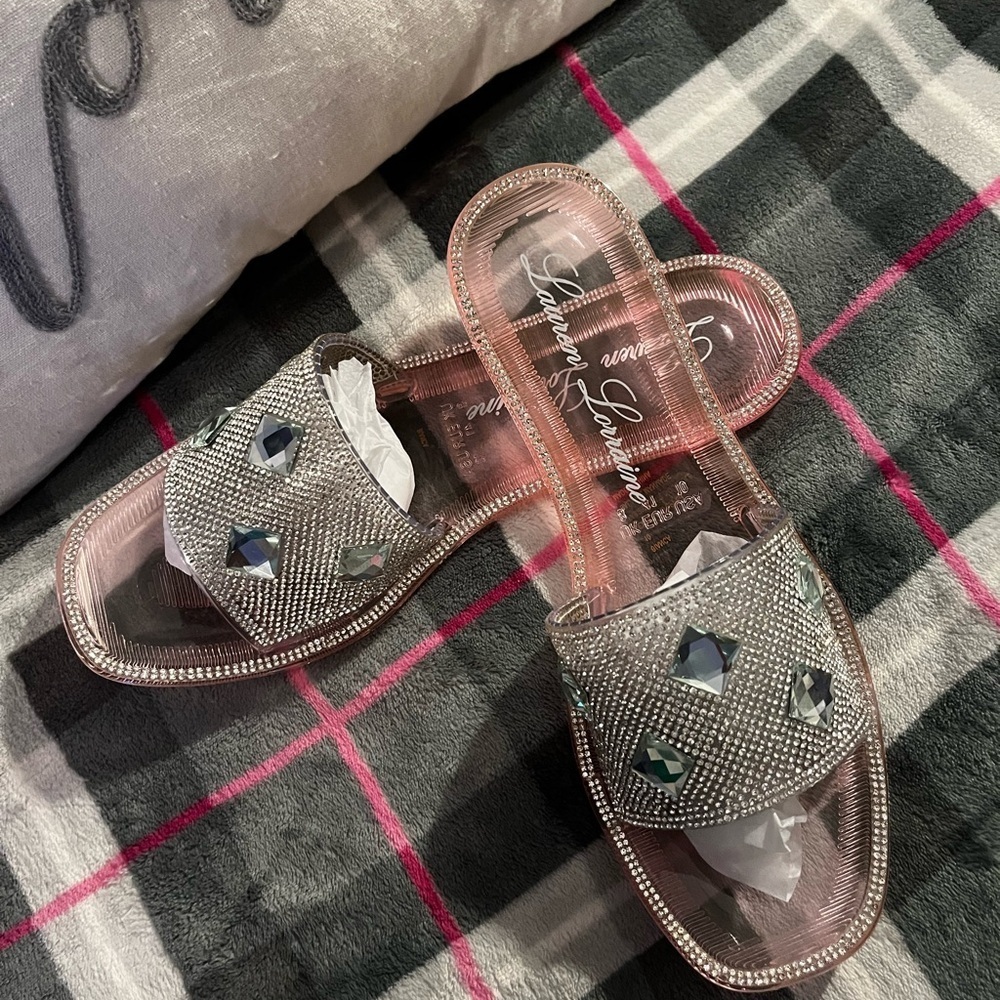 Lauren Lorraine Elegant Pink Rhinestone Slide Sandals​​​ - Picture 2 of 5